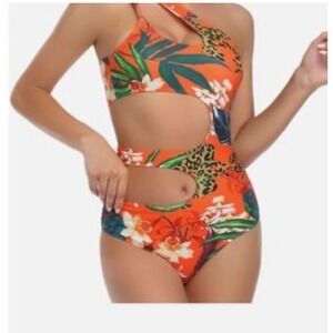 Edel Qual Women Tropical Floral Cutout One Shoulder Monokini Orange XL
